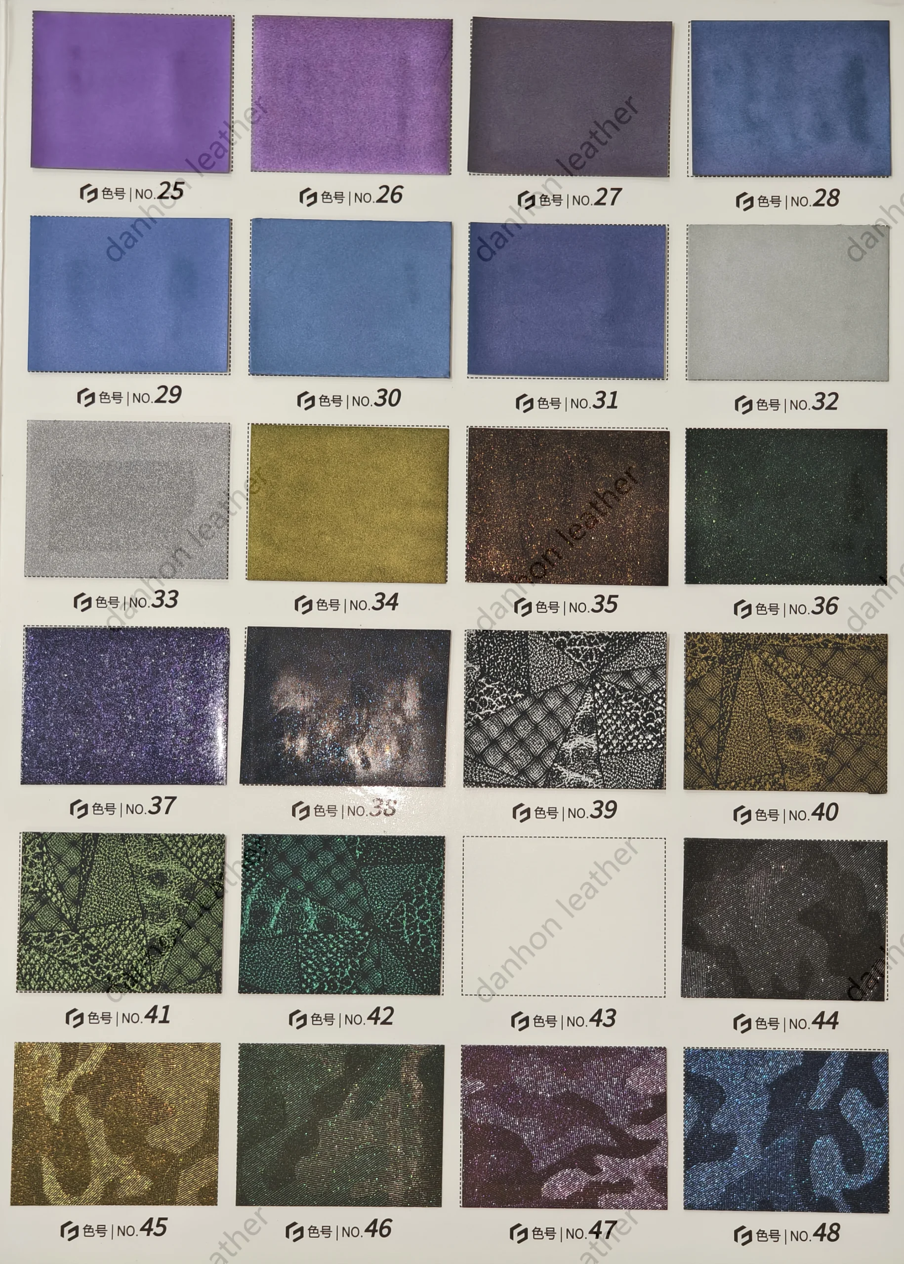 TPU material reference card No.25 to No.48 showing purple, blue, silver, gold, glitter and decorative animal-inspired patterns