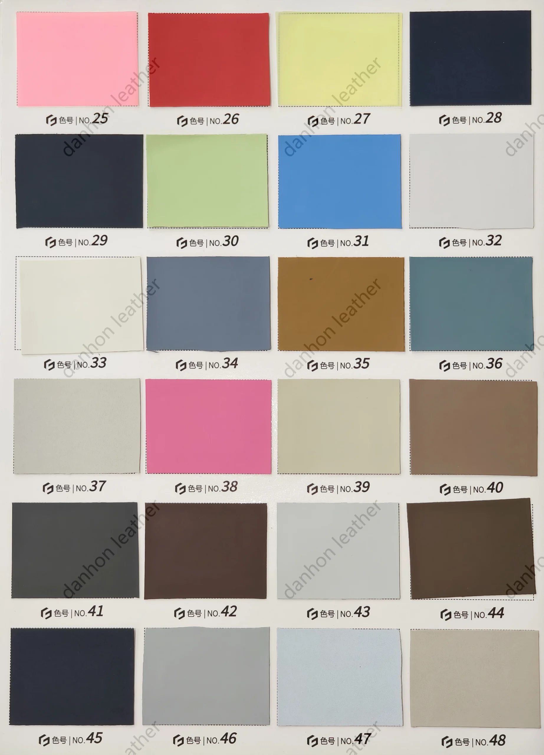 TPU material reference card No.25 to No.48 showing pink, red, green, blue, grey, brown and neutral shades