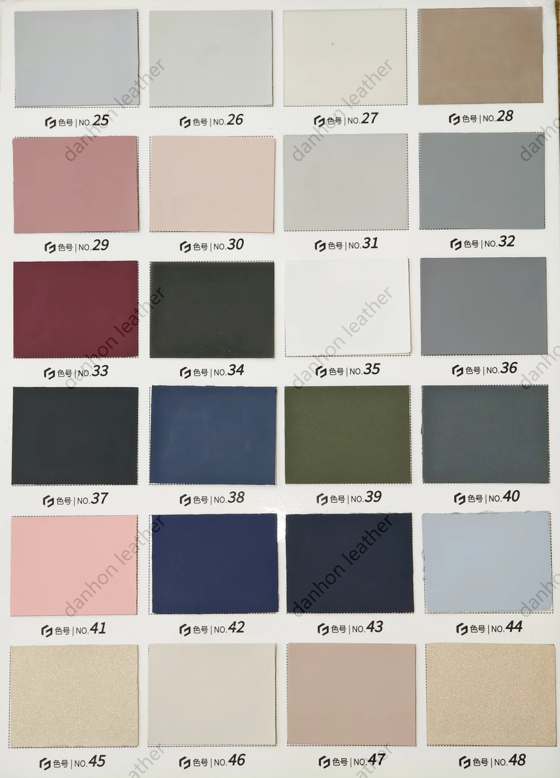 TPU material color card No.25 to No.48 showing neutral, pink, grey, navy, olive, blue and beige color references