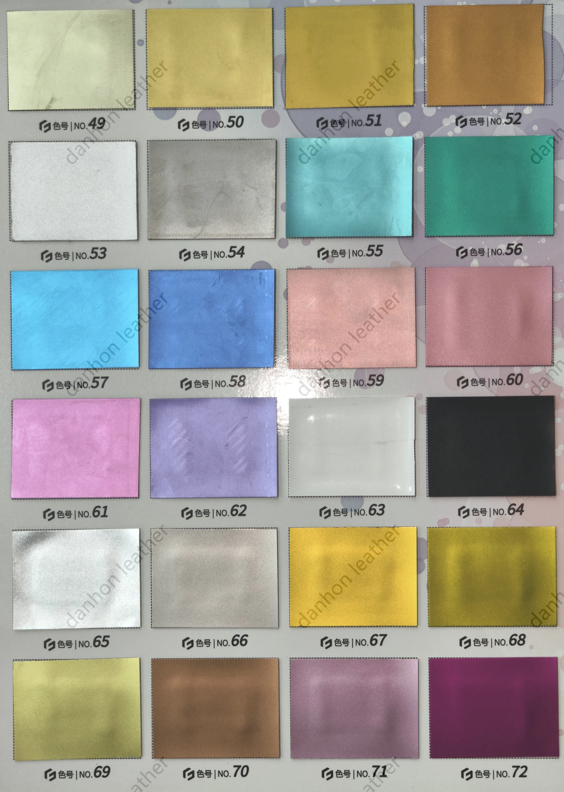 TPU material reference card No.49 to No.72 showing metallic-looking gold, silver, turquoise, blue, pink, purple and dark finishes
