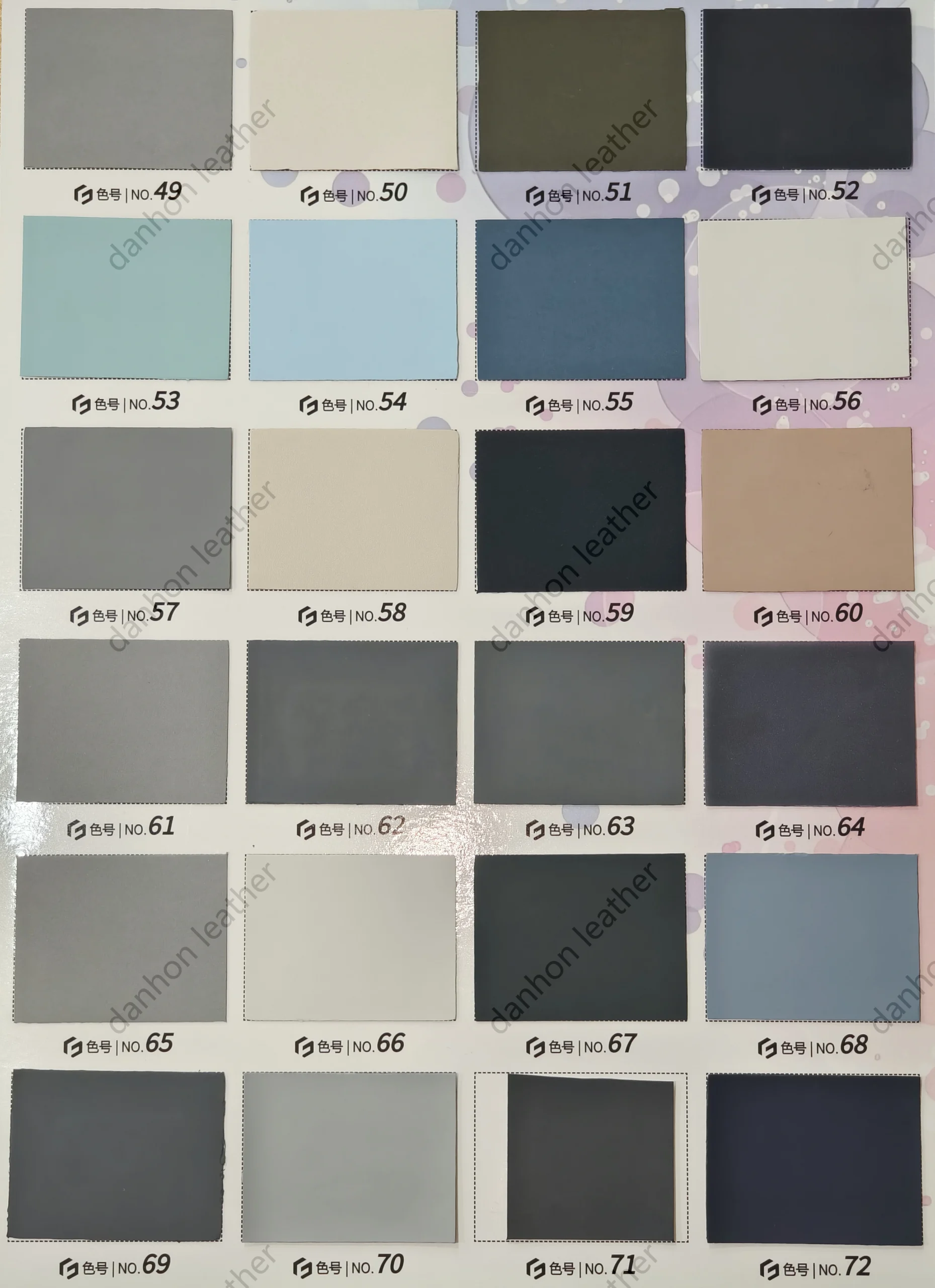 TPU material color card No.49 to No.72 showing grey, cream, aqua, blue, black, beige and dark neutral shades