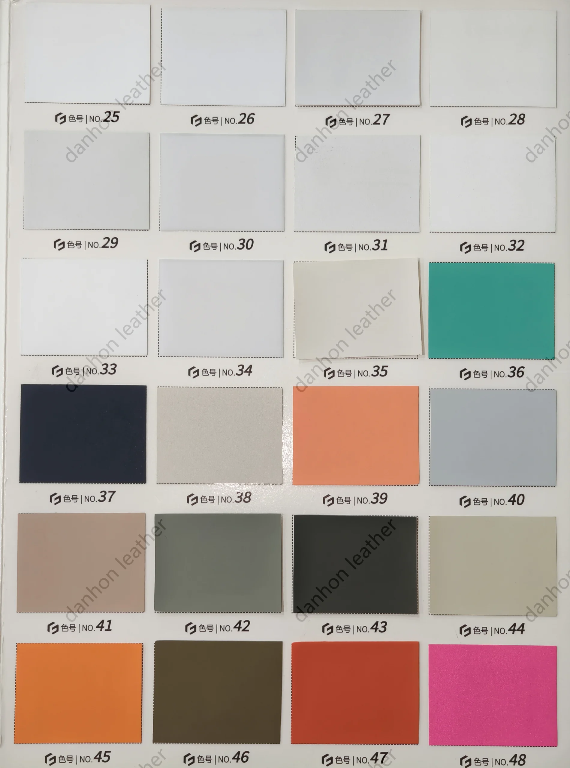 TPU leather color card showing numbered swatches No.25 to No.48 including white, teal, navy, grey, orange, red and pink tones