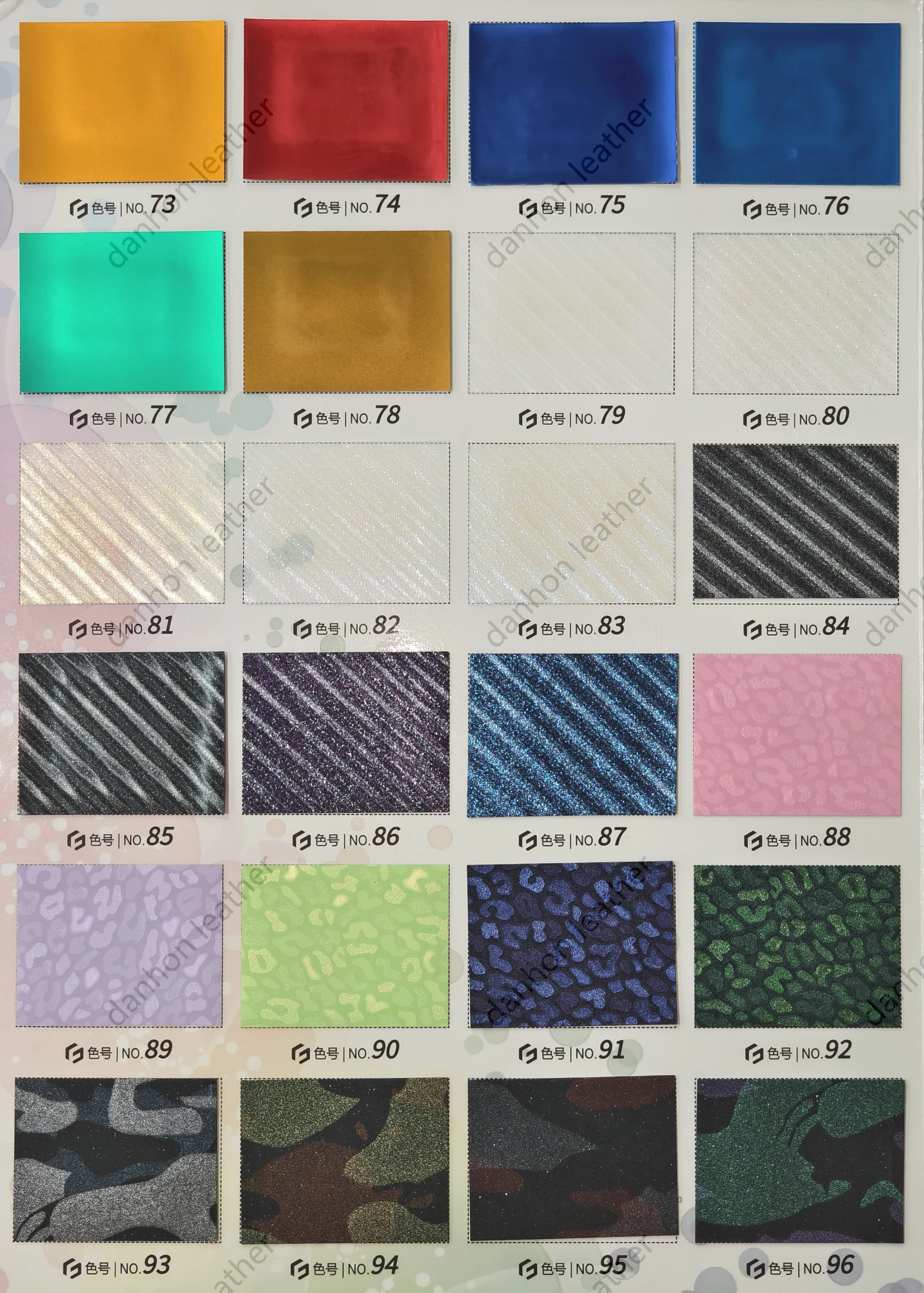 TPU material reference card No.73 to No.96 showing bright metallic colors, diagonal stripes, animal patterns and camouflage-style effects