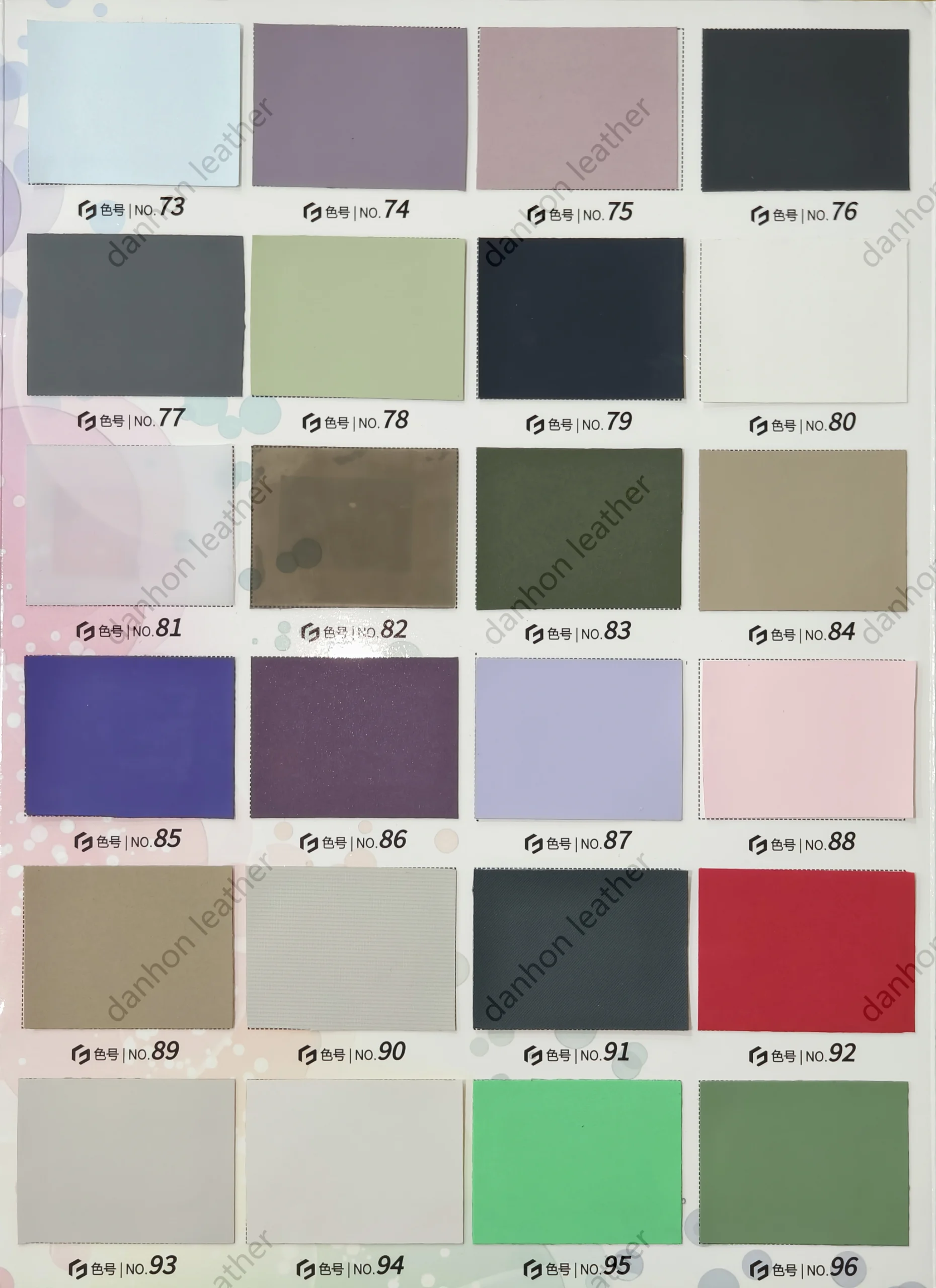 TPU material reference card No.73 to No.96 showing pale blue, purple, pink, black, green, beige and bright color references