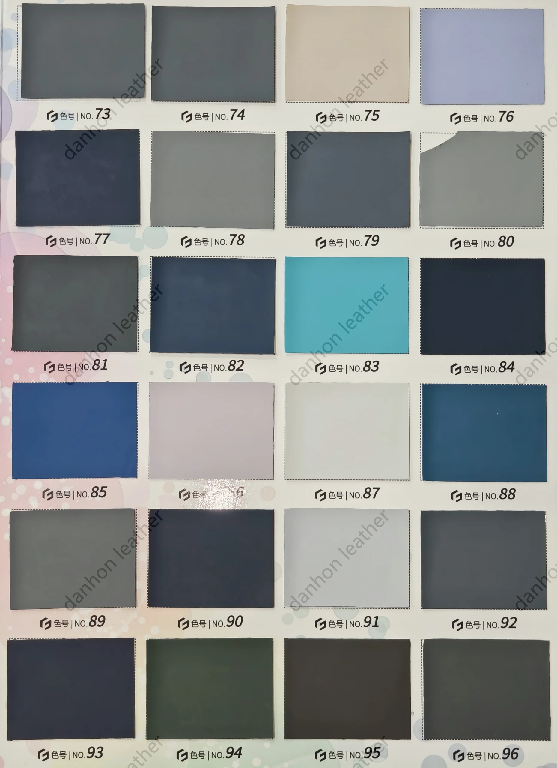 TPU material color card No.73 to No.96 showing grey, beige, lavender, navy, turquoise, blue, green and dark tones