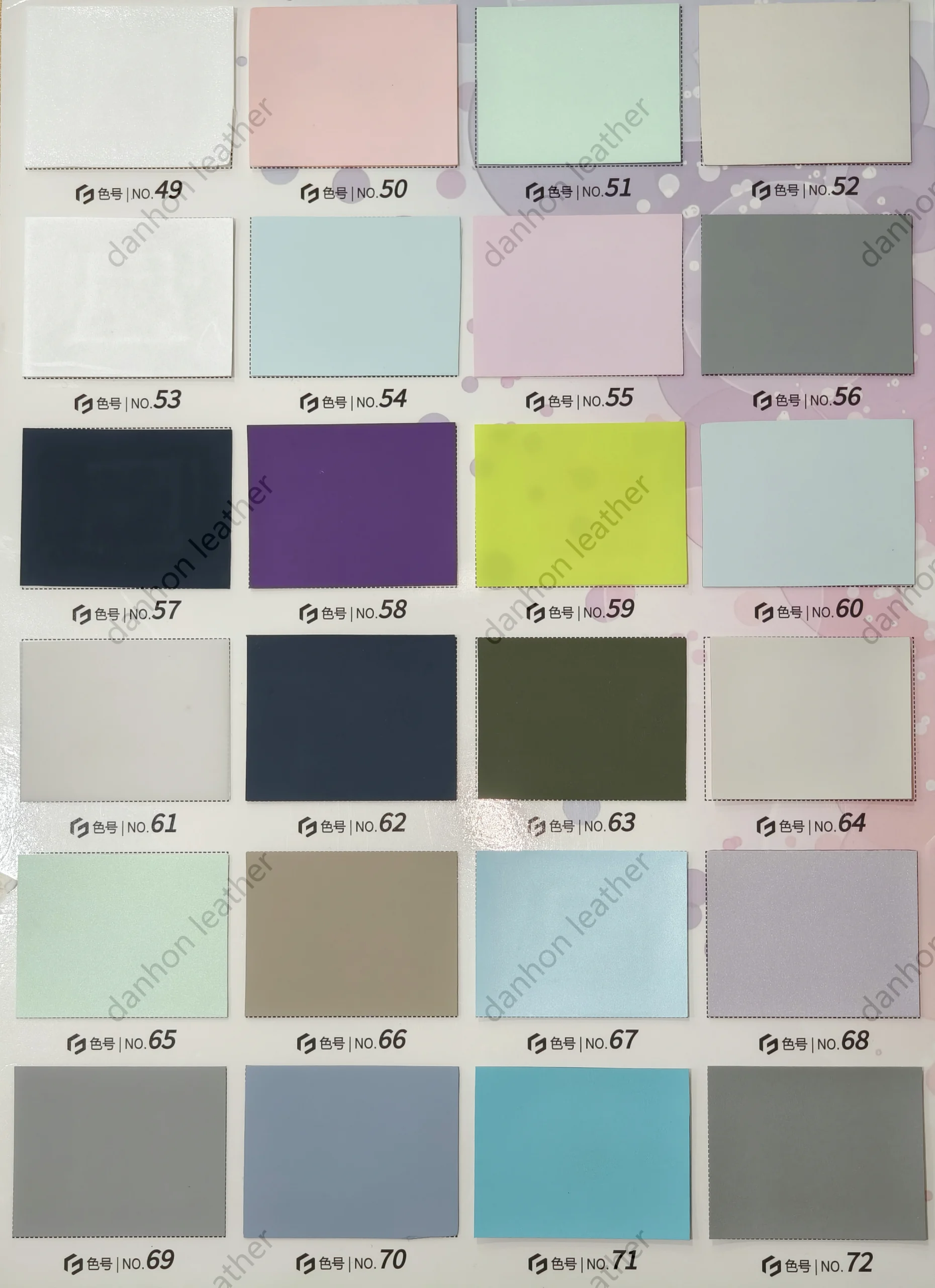 TPU leather color card showing numbered swatches No.49 to No.72 including white, pastel pink, mint, blue, purple, navy, olive and grey
