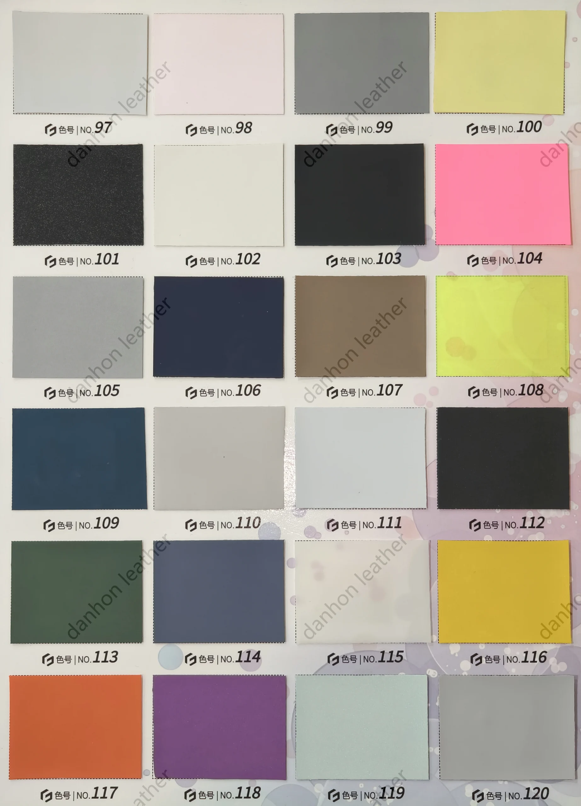 TPU material reference card No.97 to No.120 showing grey, pink, yellow, black, navy, brown, orange and purple shades