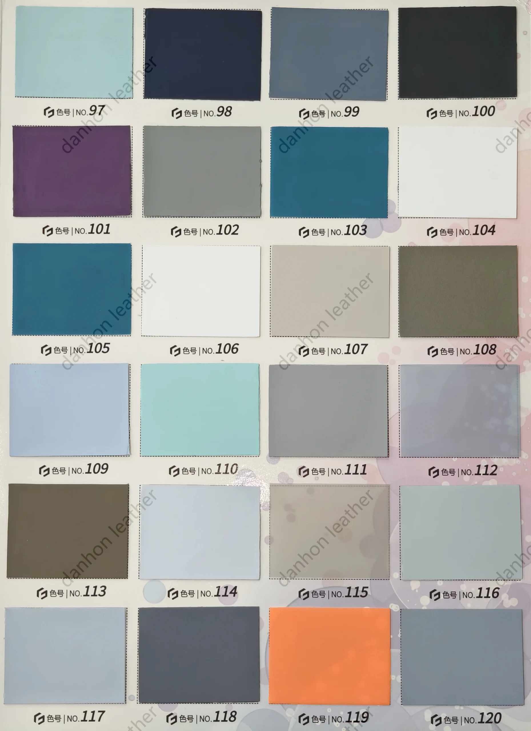 TPU material color card No.97 to No.120 showing aqua, navy, blue-grey, purple, teal, white, brown and orange shades
