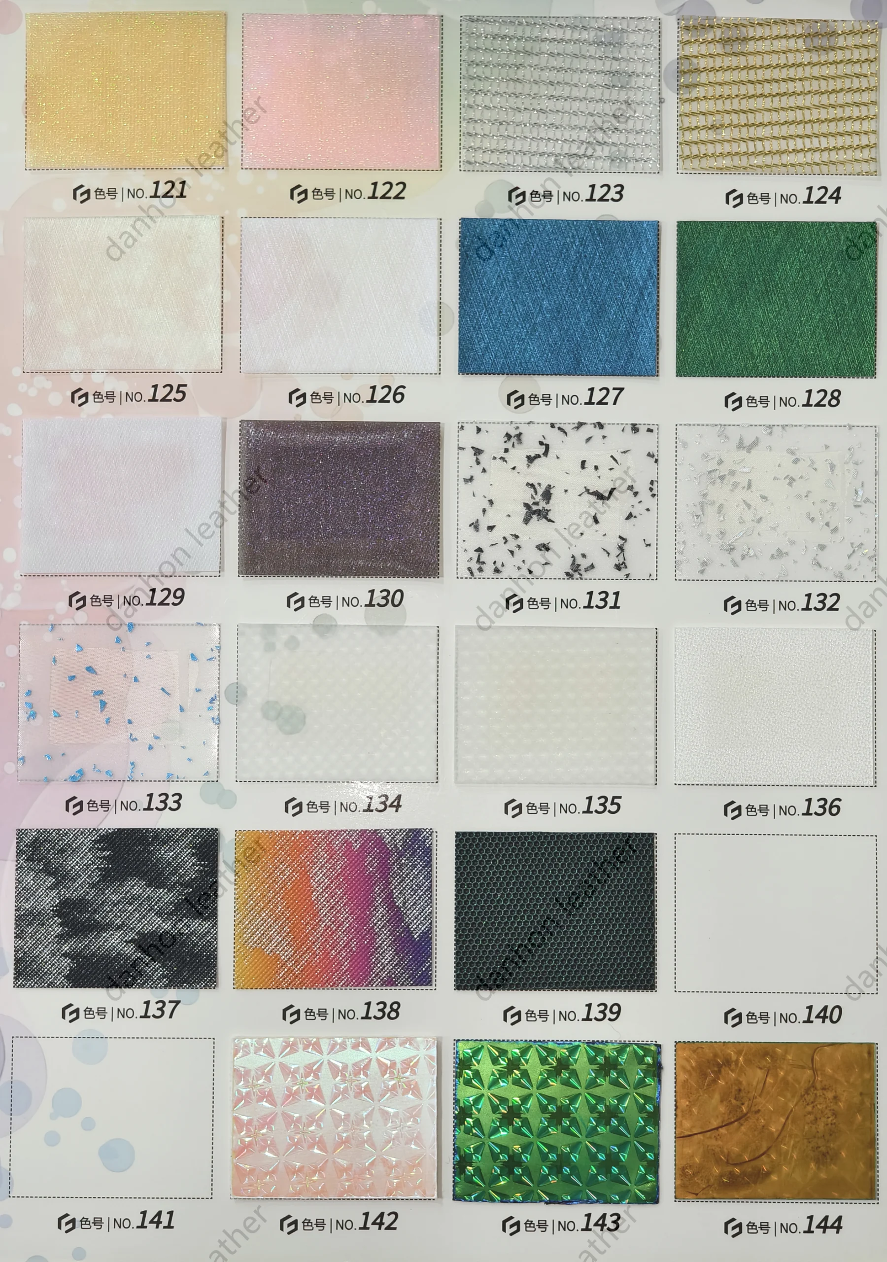 TPU material reference card No.121 to No.144 showing glitter, mesh, decorative flakes, printed patterns and holographic-looking surface effects