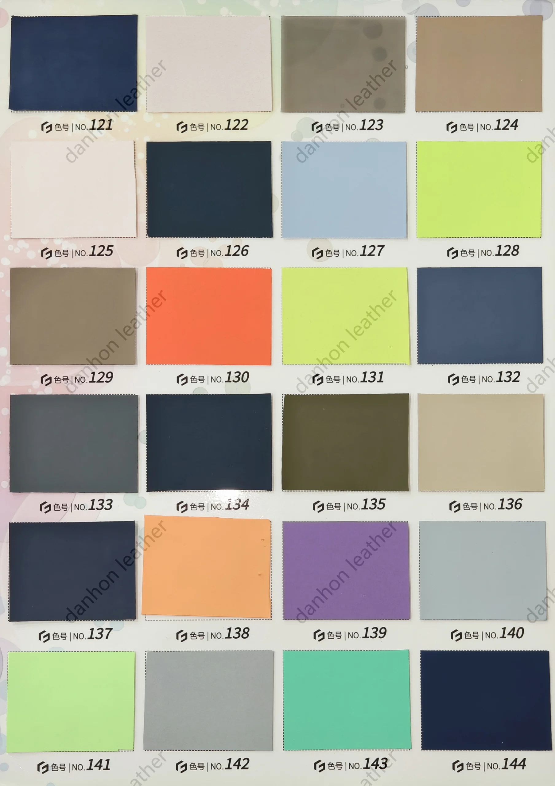 TPU material reference card No.121 to No.144 showing navy, beige, blue, lime, orange, purple, green and grey shades