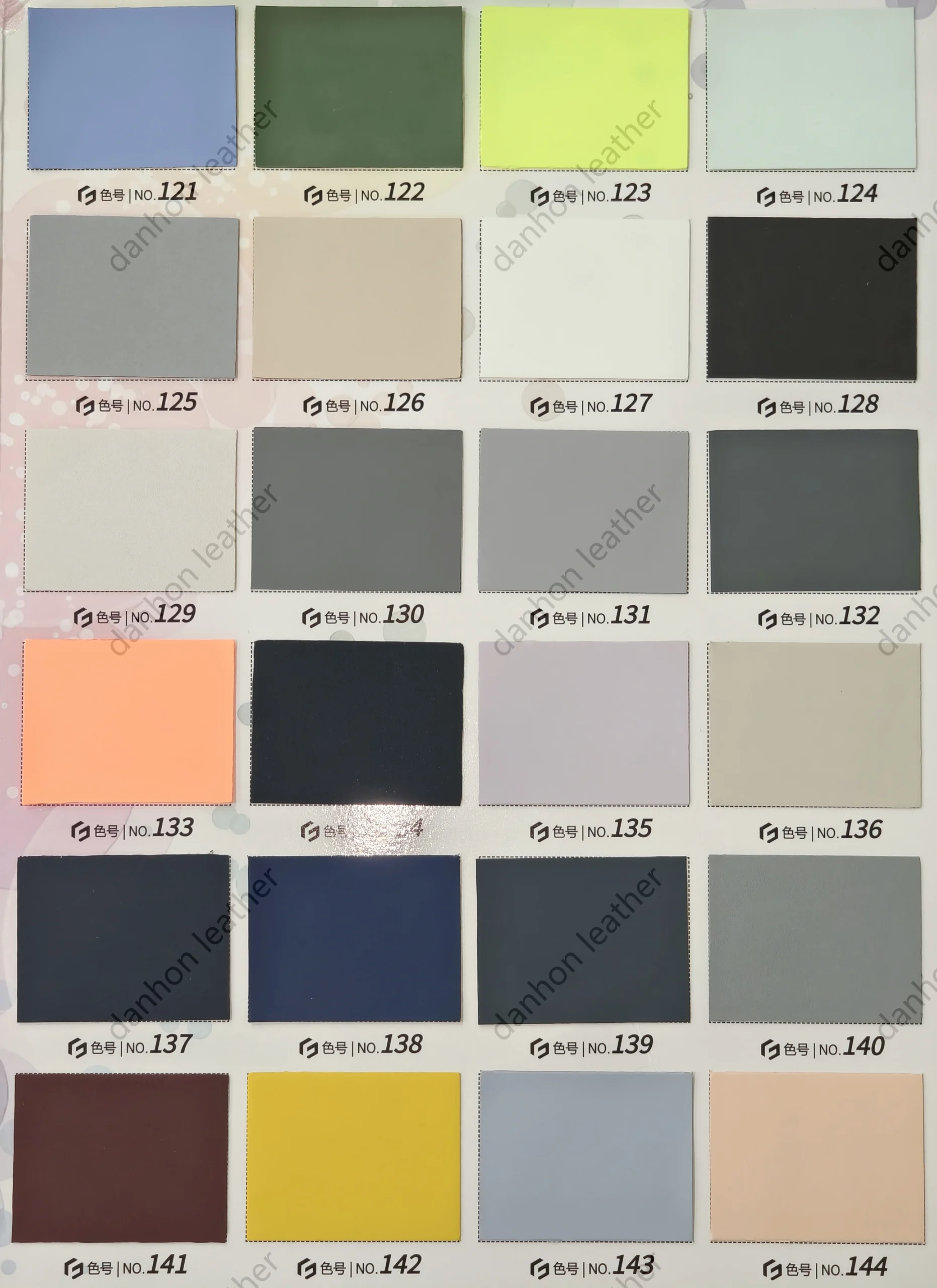 TPU material color card No.121 to No.144 showing blue, green, lime, neutral, grey, orange, yellow and burgundy shades