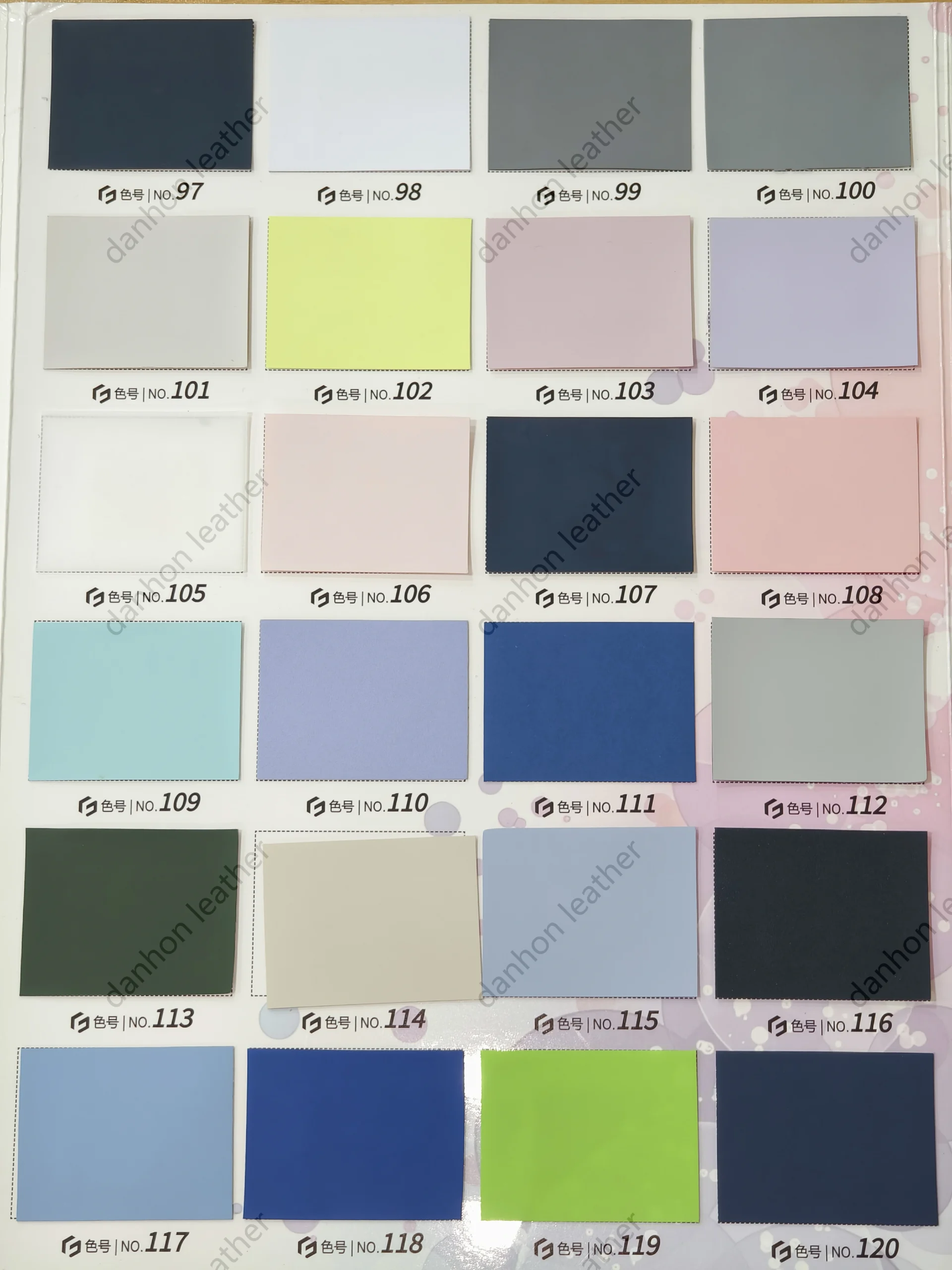 TPU leather color card showing numbered swatches No.97 to No.120 including navy, white, grey, pink, lavender, aqua, blue, green and lime
