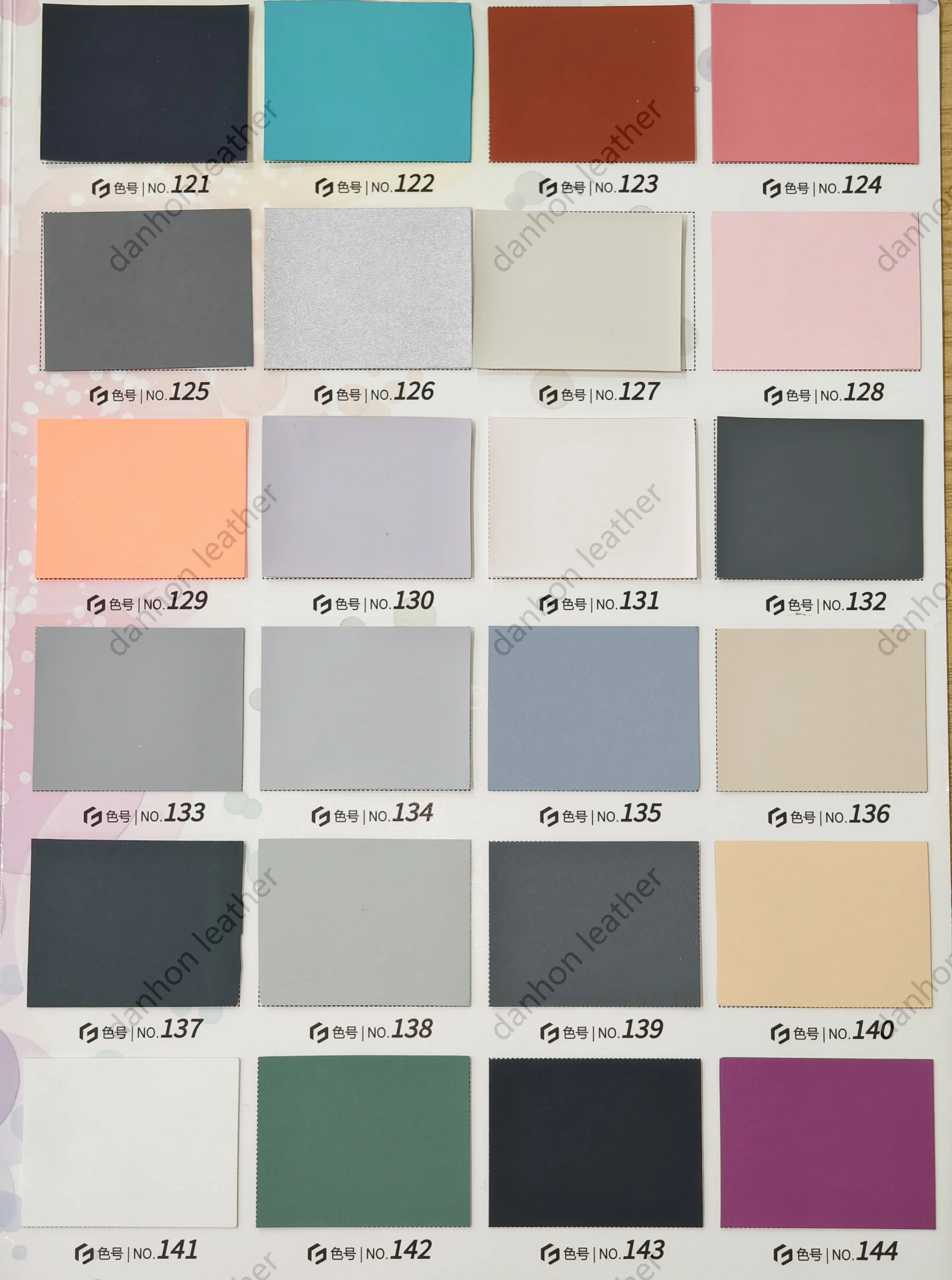 TPU leather color card showing numbered swatches No.121 to No.144 including navy, turquoise, red, coral, grey, silver, beige, green and magenta