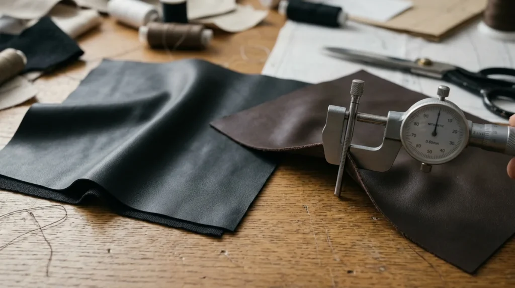 Illustrative material view showing flexible PU swatches, backing detail and a gauge