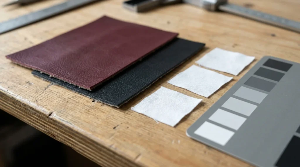 Illustrative dark material swatches and rubbing-review accessories