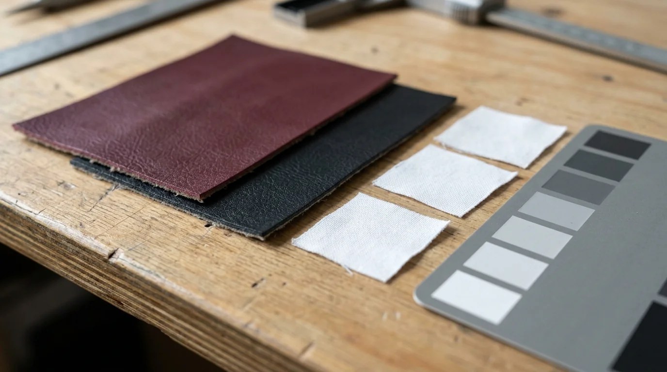 Illustrative dark material swatches and rubbing-review accessories