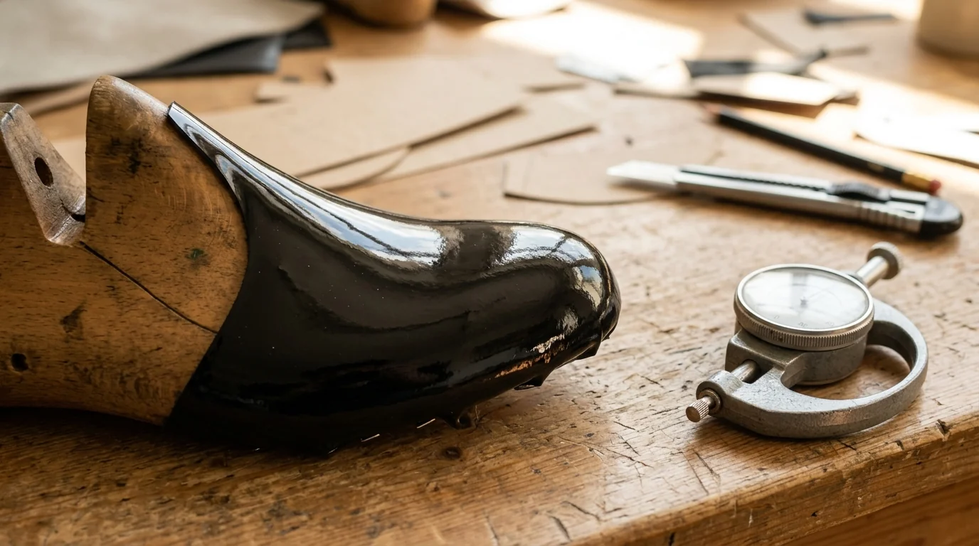 Illustrative patent-look material on a curved form