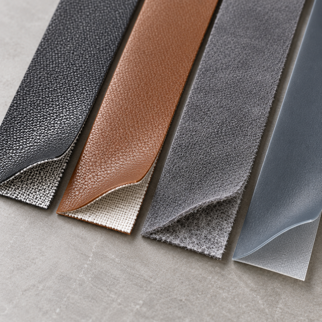 Thin synthetic leather strips showing PU coated fabric microfiber backing and TPU material differences