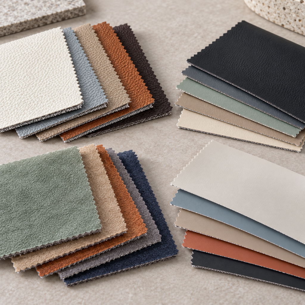 Thin PU PVC microfiber and TPU alternative material swatches with realistic cut edges and backing hints