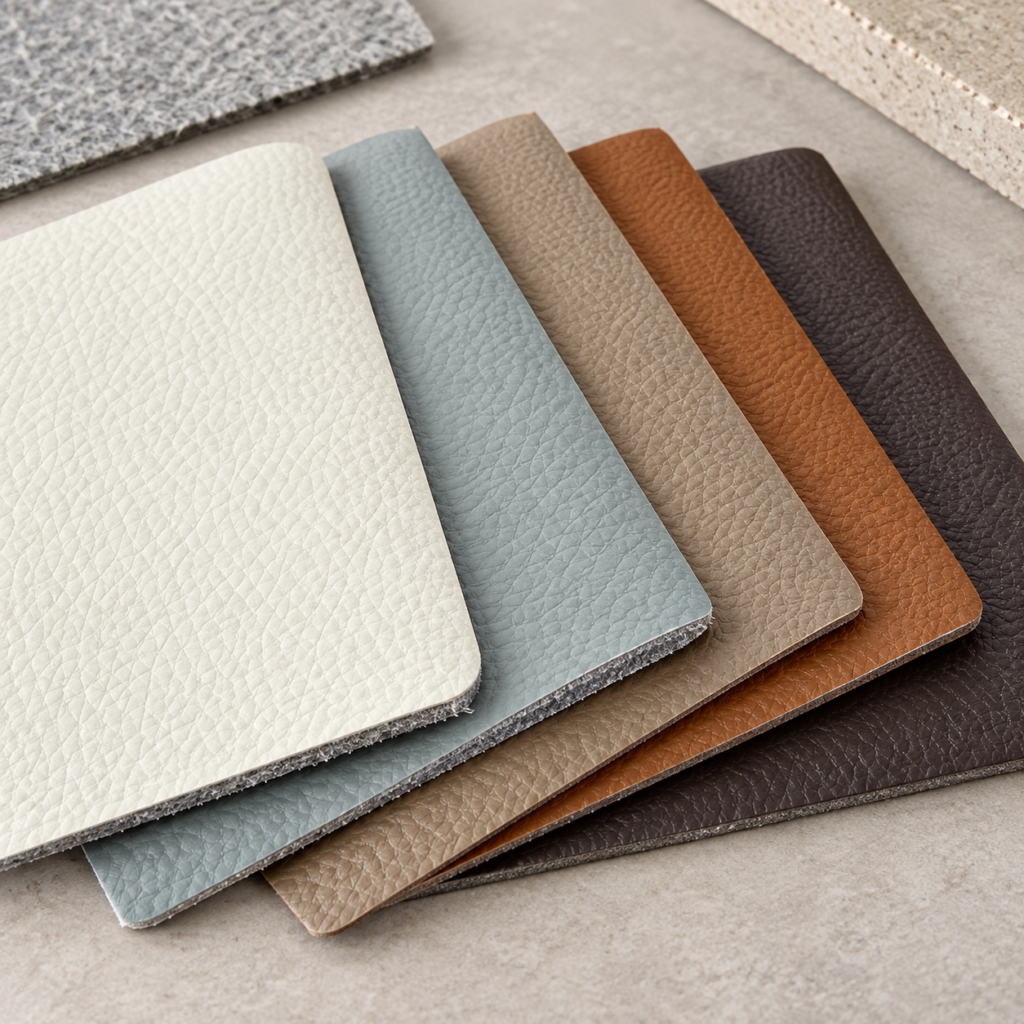 Microfiber leather and PU leather swatches with visible grain and backing edges