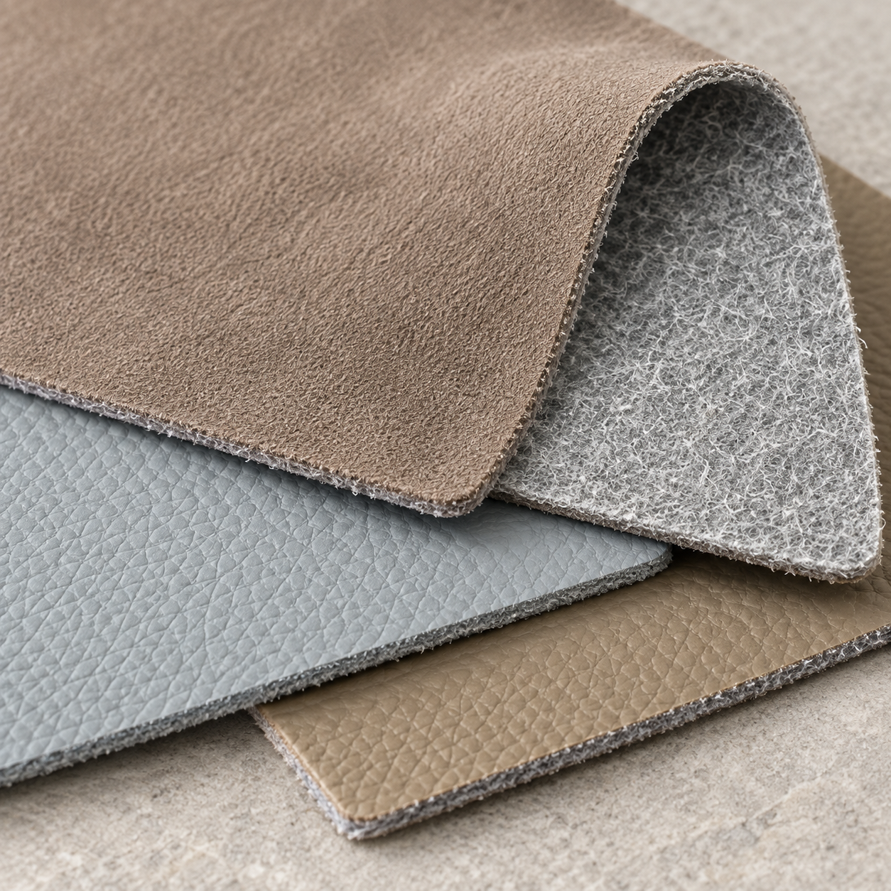 Microfiber suede leather sample with fibrous backing and matte surface detail