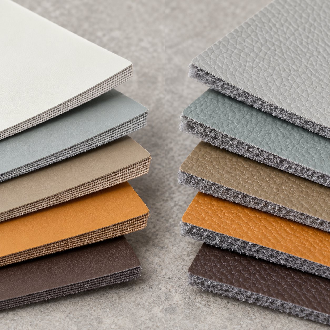 Side by side microfiber leather and PU leather samples showing surface and backing construction
