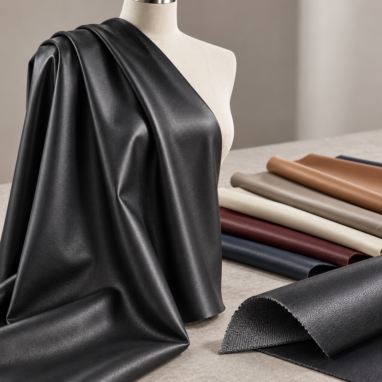 Soft black PU leather dress material draped on a faceless form with thin backing edge visible