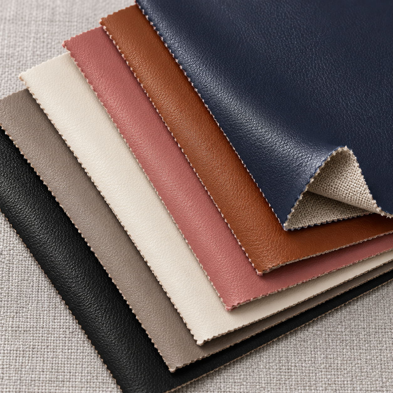 Mostly flat PU leather dress fabric swatches showing fine grain surface thin edges and backing corner